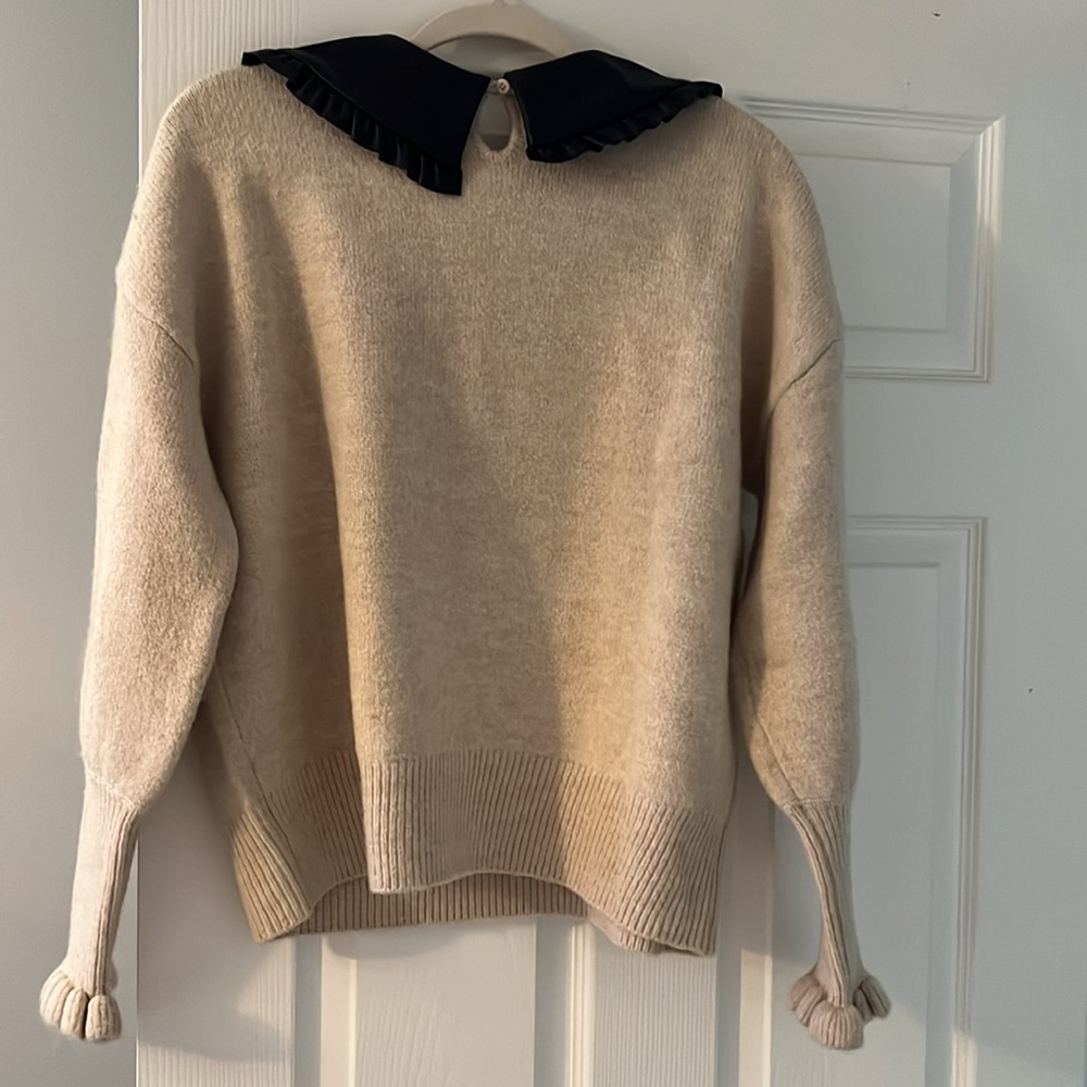 River Island Cream Sweater with Black Leather Ruffled Collar - Picture 5 of 5